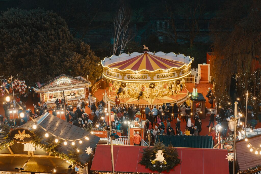 people standing near merry-go-round on amusement park during night time