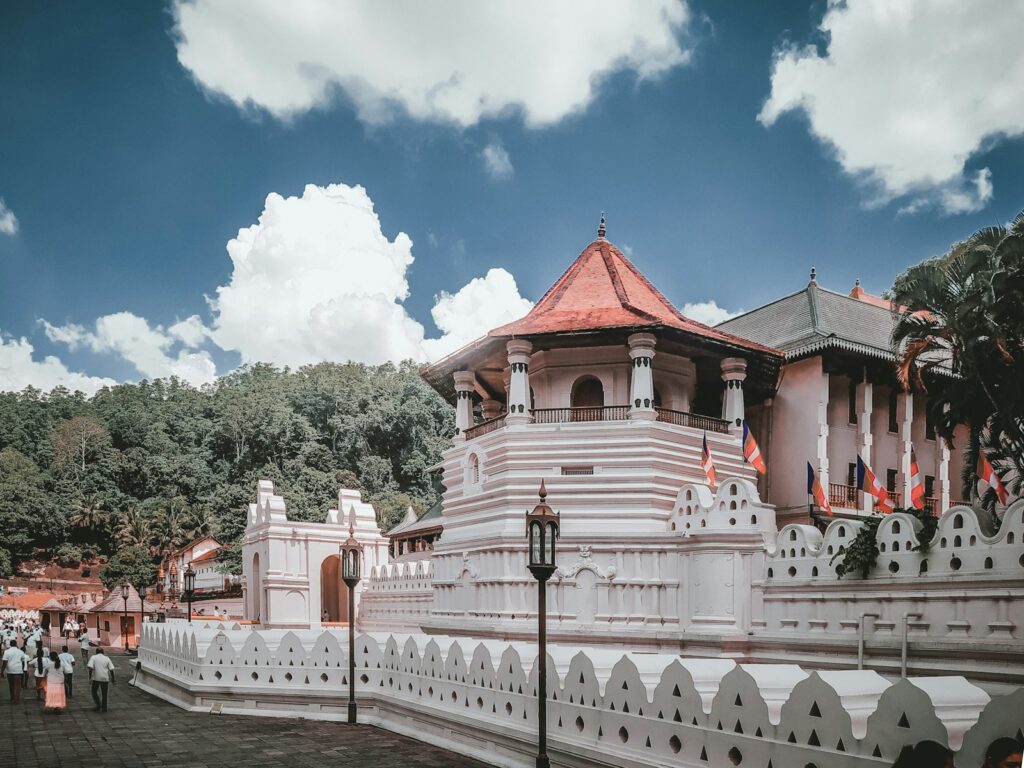 a large white building with a red roof